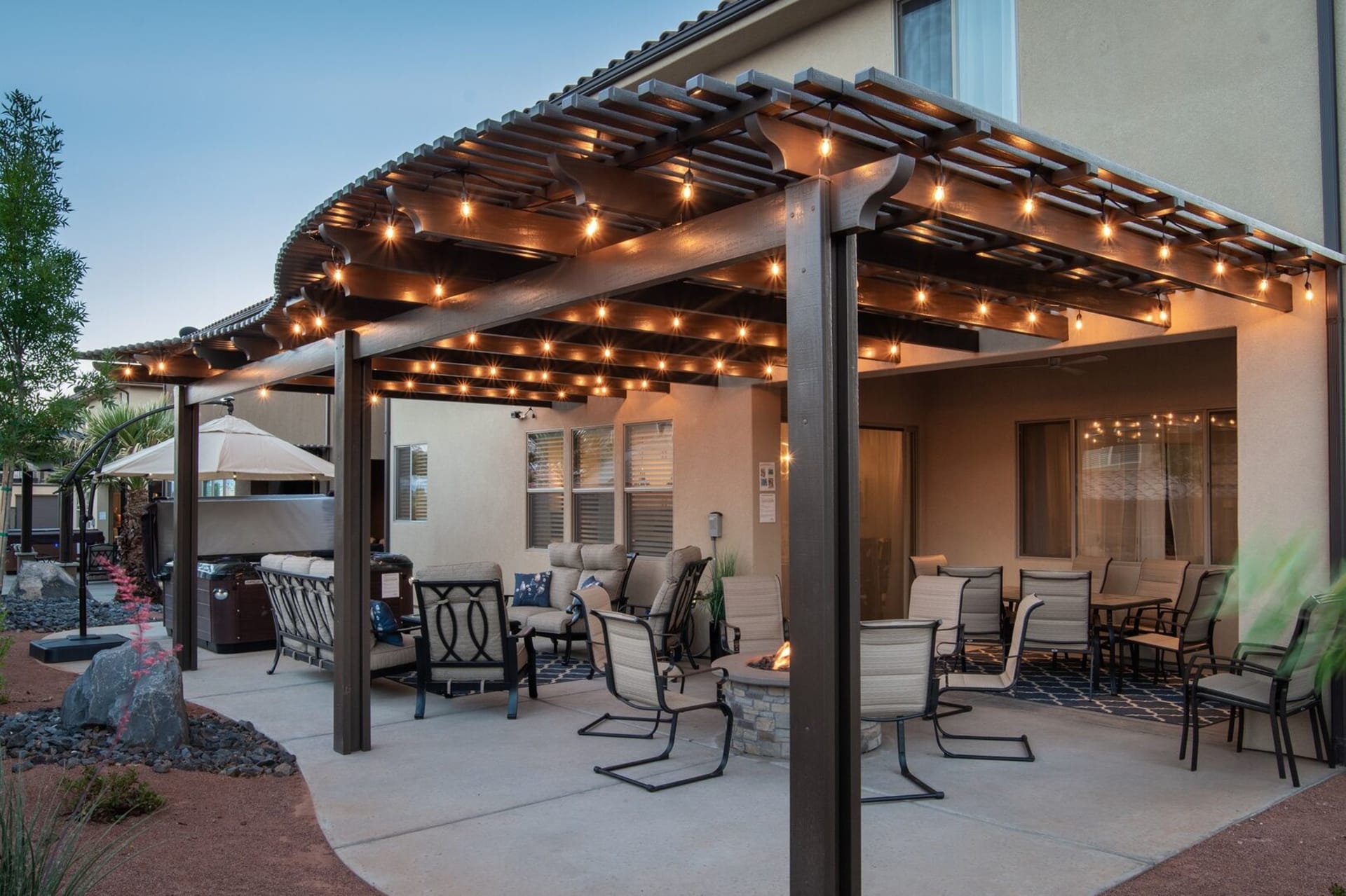 Shaded outdoor sitting area at Paradise Village resort